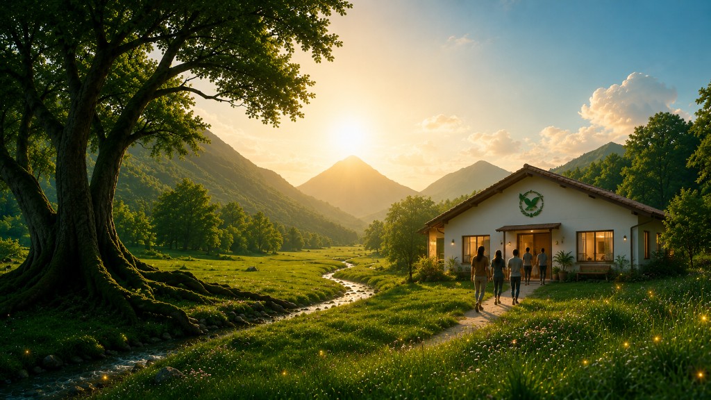 Ilustração da Casa de Ensinamento: uma casa branca com o beija-flor na fachada, entre montanhas, uma grande árvore e um caminho ao pôr do sol, com pessoas chegando.